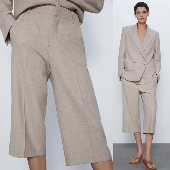 NEW Zara Light Tan Seam Detail Culotte Crop Pants